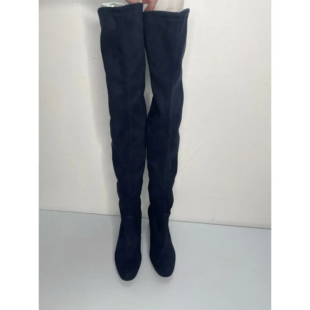 Stuart Weitzman Thigh-High Boots Heeled Navy Blue Suede Tie Women’s Size 5